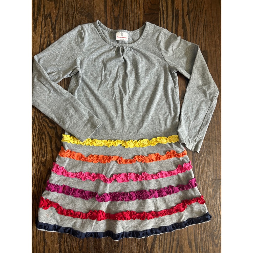 Hanna Andersson Ruffle Dress Gray Rainbow Tiered Long Sleeve Kids Size 140 10
